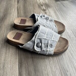 Y2K Blowfish Malibu Light Blue Denim Patchwork Slide Sandals Frayed Size 8.5